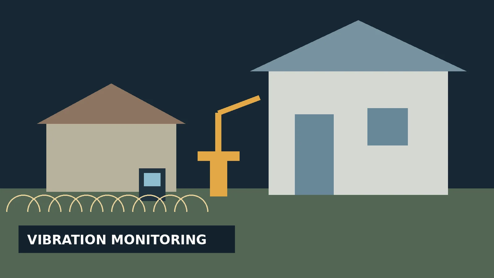 Renovation site with a vibration monitor near foundation work and an existing New England home