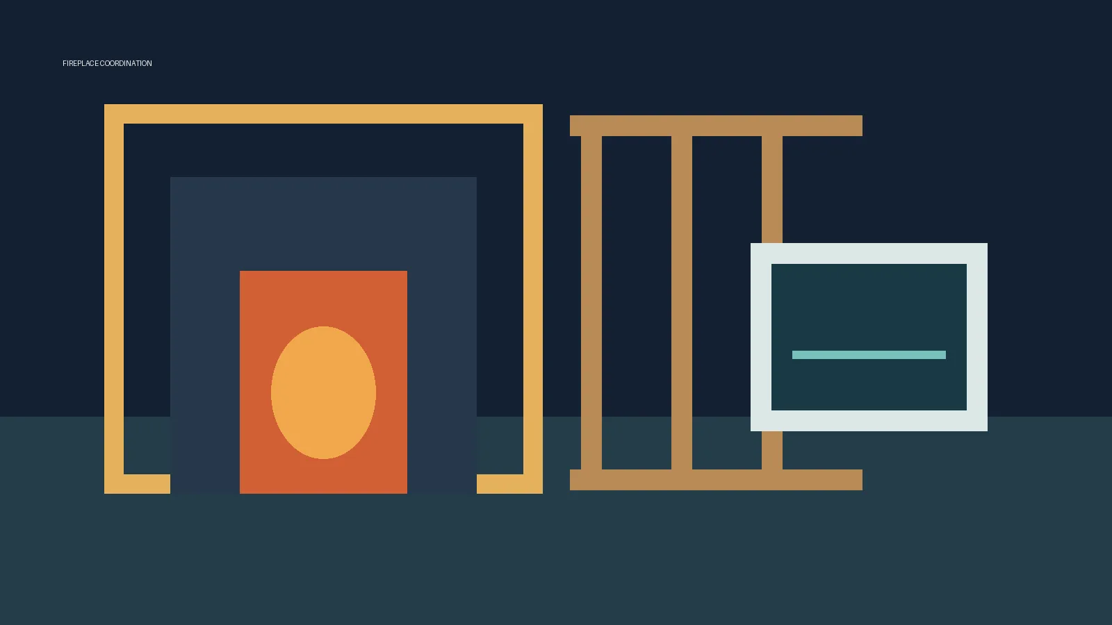 Custom-home fireplace framing with a measured clearance zone, chimney components and a builder reviewing a digital installation checklist on a tablet